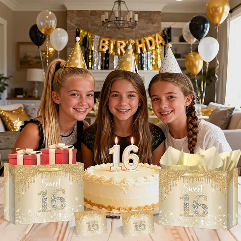 Yoirrat 16 16th Sweet Gift Bag with Wrapping Tissue Paper & Card Large Champagne Gold Glitter Birthday Gift Bags