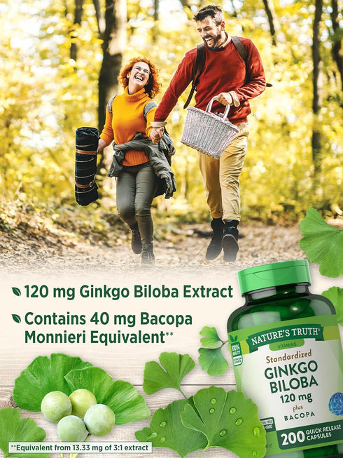 Nature's Truth Ginkgo Biloba 120mg plus Bacopa - 200 Quick Release Capsules, Standardized Extract, Non-GMO and Gluten