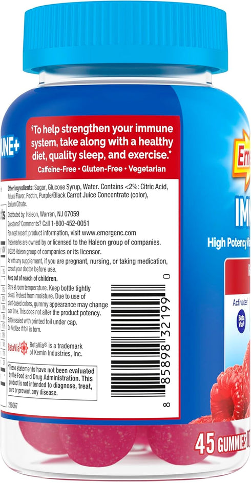 Emergen-C Immune+ Gummies, Vitamin D Plus 750 mg Vitamin C, Immune Support Dietary Supplement, Raspberry Flavor - 45