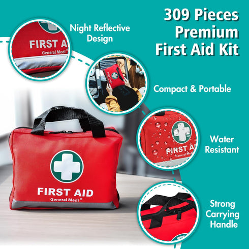 General Medi First Aid Kit - 309 Pieces - Reflective Bag Design with Eyewash, Bandages, Emergency Blanket