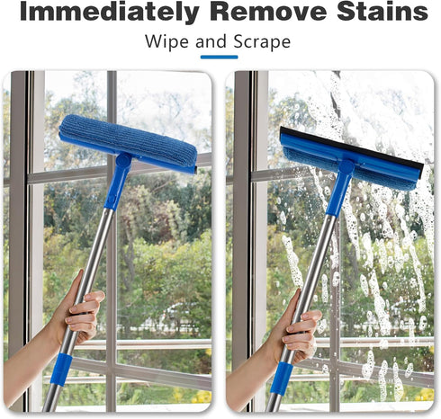 Microfiber Cloth Window Squeegee 2 in 1 with 68" Long Handle for Outdoor High Window Cleaning
