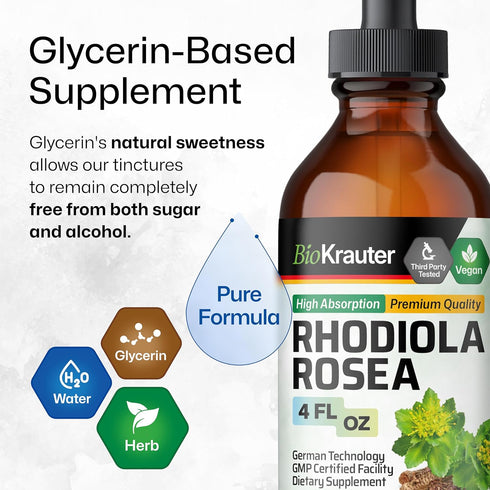 Organic Rhodiola Rosea Liquid Supplement - Vegan Adaptogenic Drops for Mood & Brain Support - Alcohol & Sugar Free, 4
