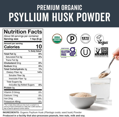 Viva Naturals Organic Psyllium Husk Powder, 10 oz - Finely Ground Superfood, Good Source of Fiber for Baking