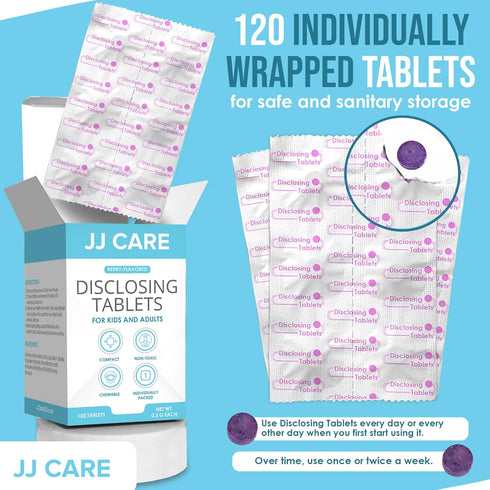 JJ Care Disclosing Tablets for Kids - 120 Count Berry Flavored Dental Plaque Tablets, Individually Wrapped