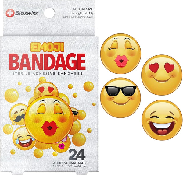 BioSwiss Bandages, Emoji Shaped Self Adhesive Bandage, Latex Free, 24 Count, Fun First Aid Kit Supplies for Kids