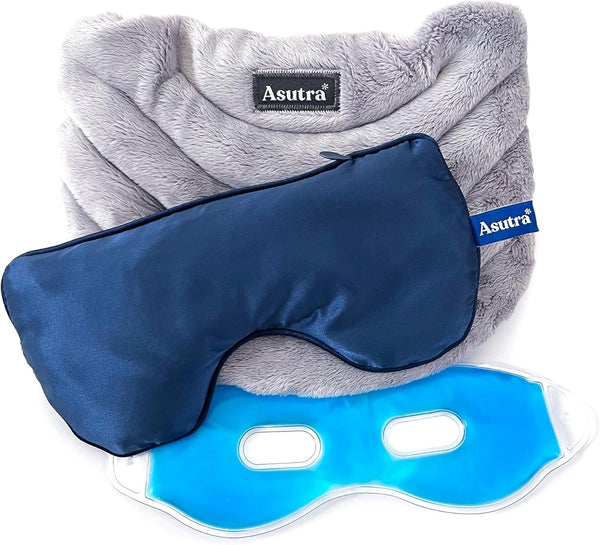 ASUTRA Navy Silk Eye Pillow and Plush Gray Weighted Neck Wrap Bundle Set - 2 Products, Weighted Eye Mask Filled with