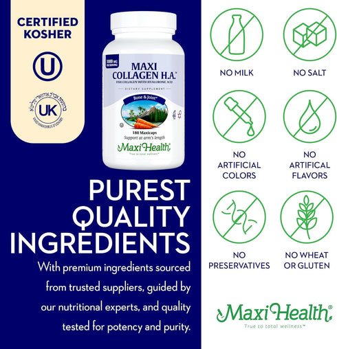 Maxi Health Marine Collagen Pills, 1000 mg Type 1 Collagen, Hyaluronic Acid Supplement, 180 Maxicaps