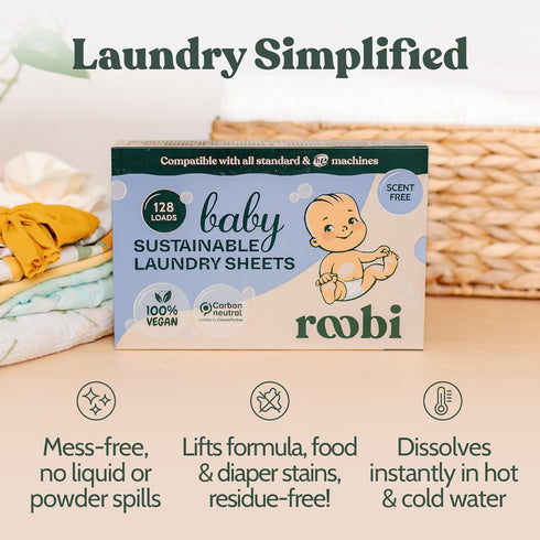 Roobi Unscented Baby Laundry Detergent Sheets for Sensitive Skin, Sustainable for Newborns & Infants, Up to 128 Loads