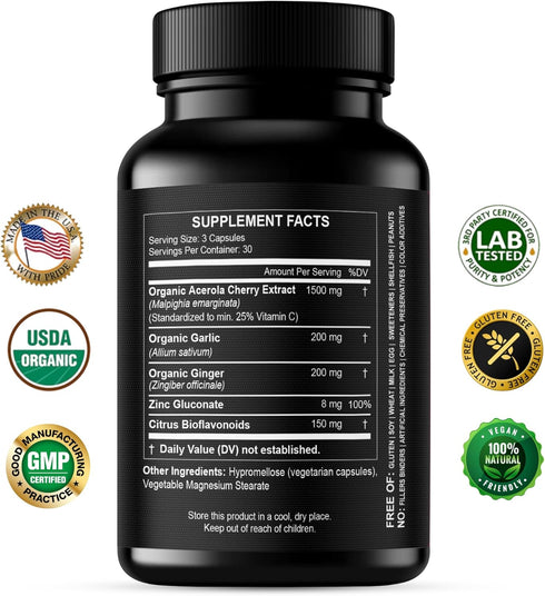 Natural Vitamin C from Organic Acerola Cherry - High Absorption with Garlic Ginger & Citrus Bioflavonoids for Immune