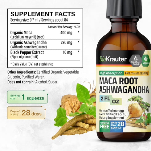 Maca Root and Ashwagandha Tincture | Organic Liquid Supplement for Men & Women | Adaptogenic Mood Support | Alcohol and