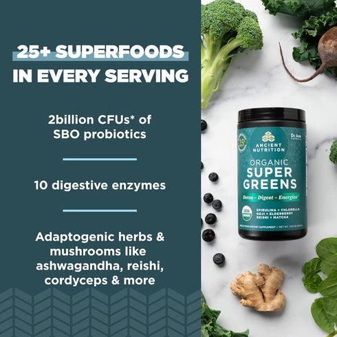 Ancient Nutrition Super Greens Powder, Organic Superfood with Probiotics, Spirulina, Chlorella, Matcha, 25 Servings