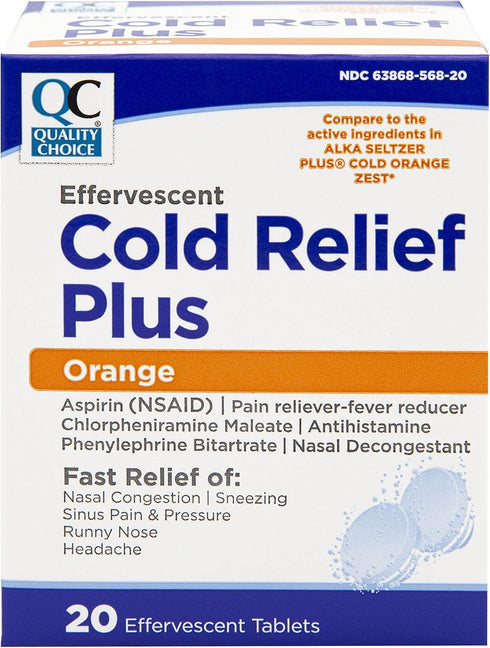 Quality Choice Cold Medicine, Effervescent Cold Relief Plus Orange, Pain Reliever & Fever Reducer, 20 Count Flavored
