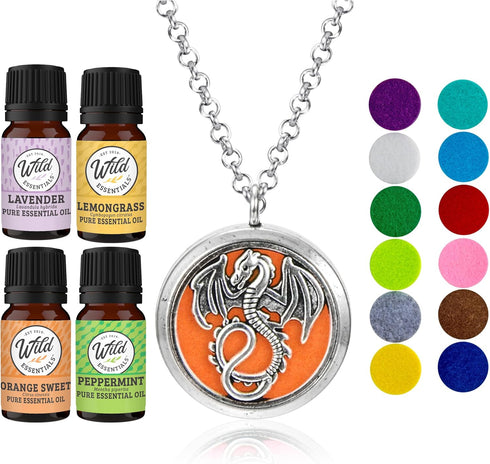 Wild Essentials Mother of Dragons Necklace Essential Oil Diffuser Kit, Calming Aromatherapy Gift Set, 12 Refill Pads,