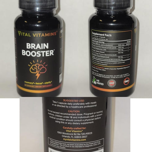 Vital Vitamins Brain Supplements - Memory and Focus Support (2 Pack) with Vitamin B12, Ginkgo Biloba, DMAE