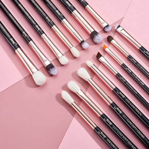 Jessup 15Pcs Professional Makeup Brush Set - Natural-Synthetic Hair Tools in Pearl Black/Rose Gold