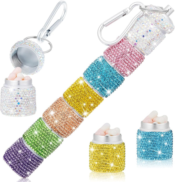 Bling Pill Case 7 Day - Rhinestone Keychain Weekly Pill Holder with Glitter Crystal Box for Women, 7 Color Compartments