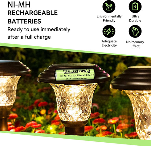 Henreepow 12-Pack Rechargeable AA Solar Batteries Ni-Mh 1.2V 600mAh - Pre-Charged for Outdoor Lights