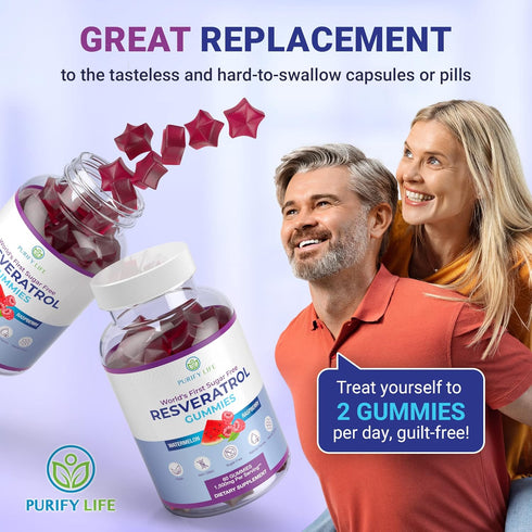 Purify Life Sugar-Free Resveratrol Gummies, 1500mg Supplement for Digestive & Immune Health, Antioxidant Support