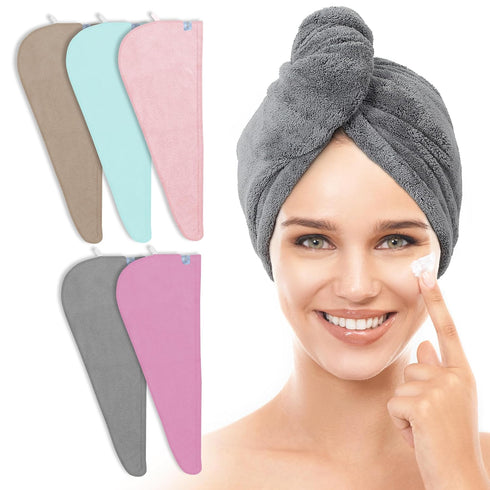 5 Pack Thicken Microfiber Hair Towel Wrap for Women - Quick Dry Hair Turban with ELASTIC LOOP DESIGN - 320GSM Coral