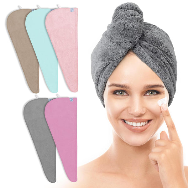 5 Pack Thicken Microfiber Hair Towel Wrap for Women - Quick Dry Hair Turban with ELASTIC LOOP DESIGN - 320GSM Coral