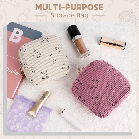 Period Bag for Teen Girls, Corduroy Cute Cats Sanitary Napkin Storage Bag, Menstrual Pad Pouches Tampon Holder