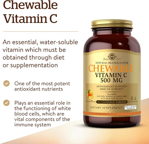 Solgar Vitamin C 500 mg Chewable Tablets - 90 Count - Supports Healthy Skin & Joints - Non-GMO, Vegan