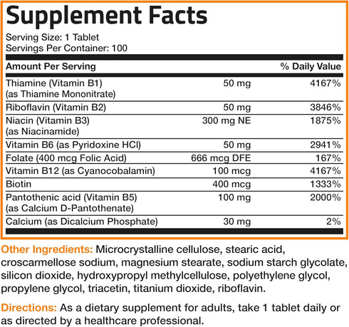 Bronson Vitamin B Complex (B1, B2, B3, B6, B9, B12) - 100 Tablets