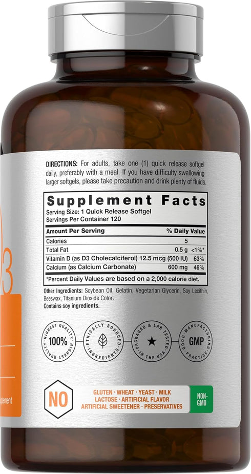 Horbaeach Calcium Supplement with Vitamin D3 | 600 mg | 120 Softgels | Non-GMO and Gluten Free
