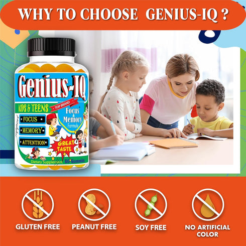 Genius IQ Kids Brain Supplements for Memory and Focus, Omega 3-6-9 Gummy Vitamins, 60 Gummies