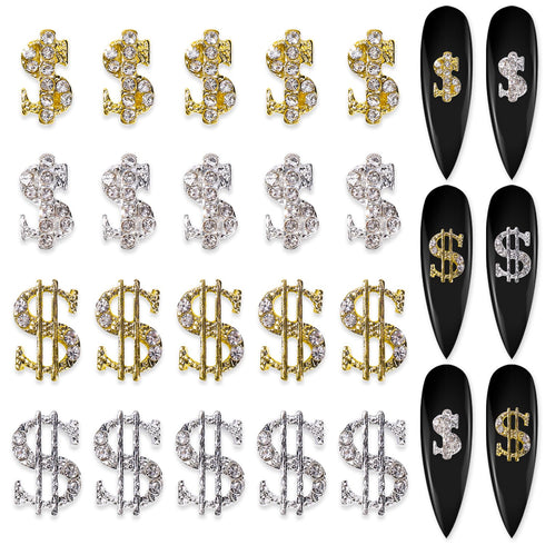 SILPECWEE 20pcs Alloy Money Dollar Nail Charms, 3D Silver & Gold Dollar Sign Rhinestones Nail Art Charms for Women Nail