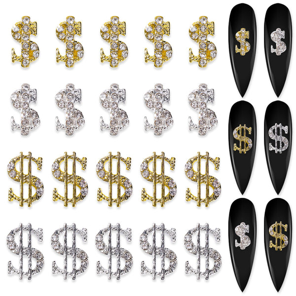 SILPECWEE 20pcs Alloy Money Dollar Nail Charms, 3D Silver & Gold Dollar Sign Rhinestones Nail Art Charms for Women Nail