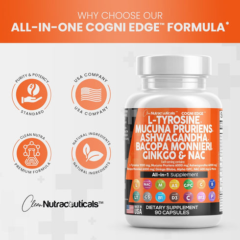 Clean Nutraceuticals L Tyrosine 1000mg, Mucuna Pruriens 6000mg, Focus Supplement with Ashwagandha, Ginkgo Biloba,
