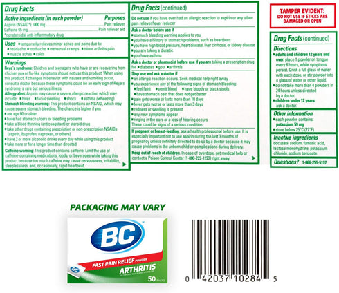 BC Powder Arthritis Pain Reliever, Aspirin Dissolve Packs, 50 Count Powder Packets