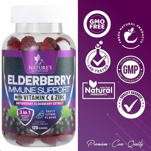Immune Support Gummies - 120 Gummies, Powerful Sambucus Elderberry with Zinc & Vitamin C for Natural Support