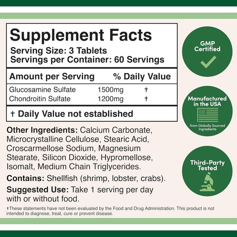 Glucosamine Chondroitin Triple Strength (1,500mg Glucosamine Sulfate, 1,200mg Chondroitin) 180 Tablets, Two Month Supply (Joint Support Supplement) Gluten Free, Non-GMO by Double Wood