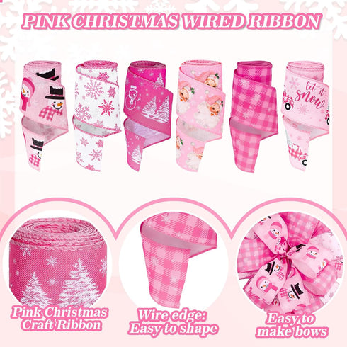 Whaline 6 Rolls Christmas Wired Edge Ribbon 30 Yards Pink Buffalo Plaid Santa Snowman Snowflake for Gift Wrapping Crafts