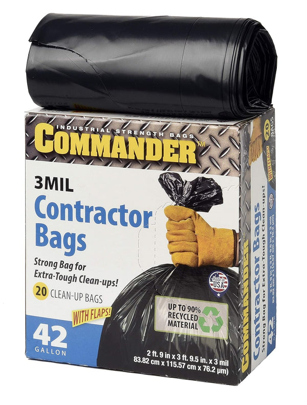 Commander 42 Gallon Heavy Duty Contractor Bags, 3 MIL Black, 33" x 45", Pack of 20, for Contractor, Industrial, &