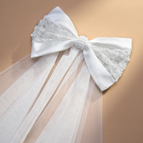 SWEETV Bridal Hair Bow Veil, White Bow Clip Bachelorette Party Decorations, Pearl Accessories for Bride to Be