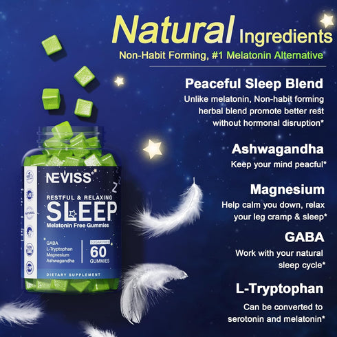 NEVISS Melatonin Free Sleep Aid Gummies - GABA, L-Tryptophan, Magnesium, Vegan, 2 Pack