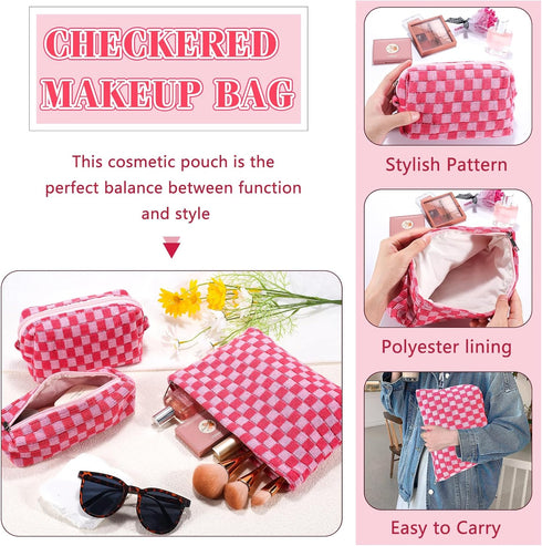 3Pcs Checkered Makeup Bag for Women, Large Cosmetic Bag Set, Travel Toiletry Bag, Pink Zipper Organizer
