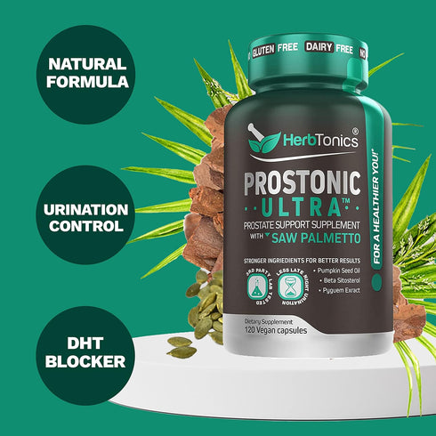 Herbtonics Prostate Support Supplement for Men - Saw Palmetto & Beta Sitosterol with Pumpkin Seed Oil - 120 Capsules