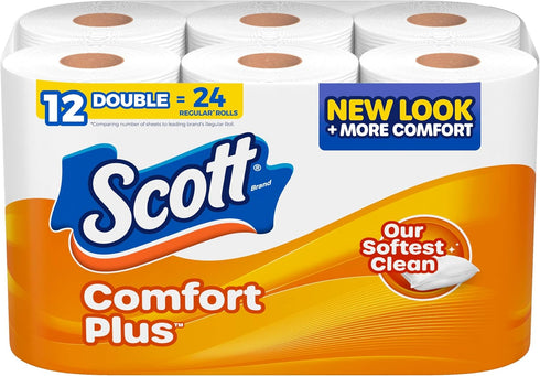 Scott ComfortPlus Toilet Paper - 12 Double Rolls, 231 Sheets per Roll, Septic-Safe, 1-Ply