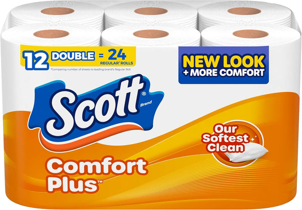 Scott ComfortPlus Toilet Paper - 12 Double Rolls, 231 Sheets per Roll, Septic-Safe, 1-Ply