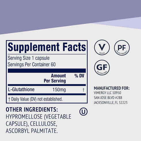 Vimergy Glutathione Capsules - 60 Servings – Natural Immune Supporting, Antioxidant & Detox Supplement, Gluten-Free,