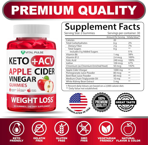 Vital Pulse Gummies Gummies Gummy Keto ACV Advanced Weight Loss - Sugar Free ACV Keto - Supplement for Women and Men
