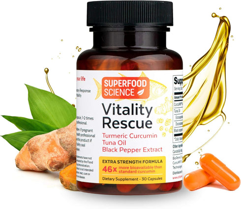 Vitality Rescue Omega 3 and Turmeric Supplement with Bioperine, CurcuWin 46X for Workout Recovery, Joint & Brain Health
