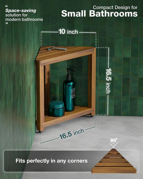 16.5" BLUEWEST Acacia Wood Corner Shower Stool, Wooden Corner Shower Bench for Shaving Legs Inside Shower, Waterproof