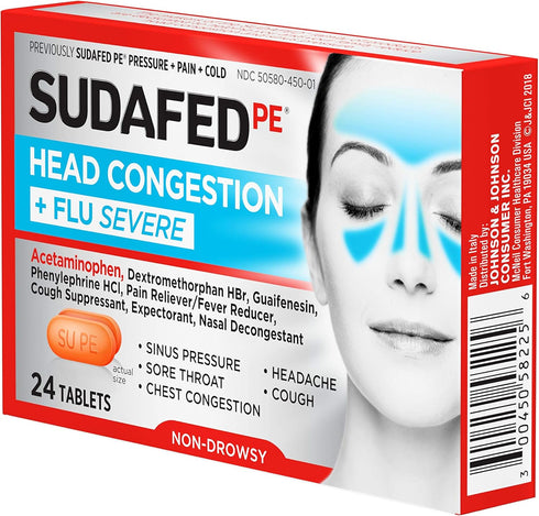 Sudafed PE Head Congestion + Flu Severe Decongestant Tablets for Adults, 24 ct