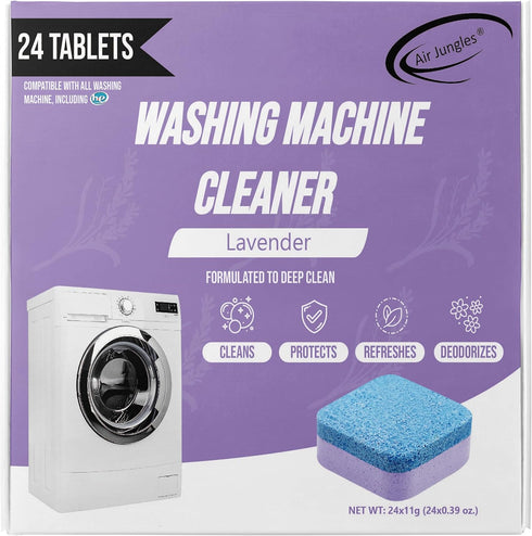Air Jungles Washing Machine Cleaner Tablets, 24 Count, Lavender Scent, Deep Cleaning for Front and Top Load Washers