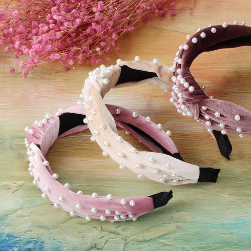 WILLBOND 3 Pieces Knotted Headband Set for Women, Retro Velvet Pearls Hair Accessories (Beige, Pink, Pale Mauve)